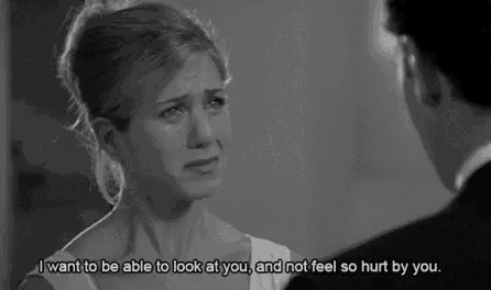 a woman is crying and talking to a man in a black and white photo with a quote .