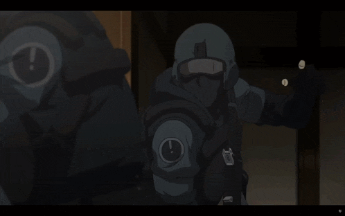 a group of soldiers are holding guns in a room and one has an exclamation point on his sleeve