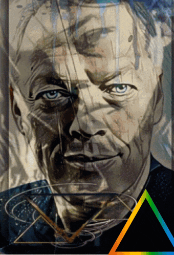 a close up of a man 's face with a rainbow colored triangle in the corner