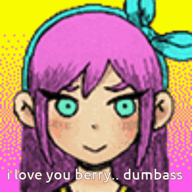 a pixel art drawing of a girl with purple hair and green eyes saying `` i love you berry dumb ass '' .