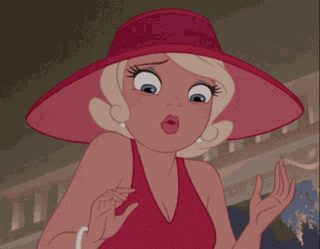 a blonde cartoon character wearing a red dress and a red hat