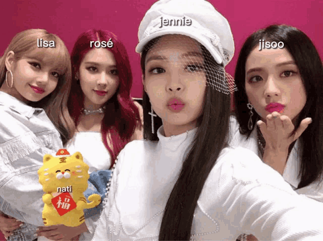 a group of girls posing for a picture with the names lisa rosé jennie and jisoo on the bottom
