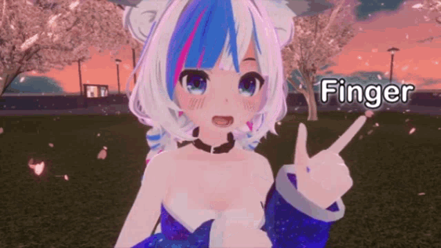 a girl in a blue and white outfit giving the middle finger with the word finger below her