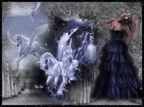 a woman in a black dress is playing a violin in front of a waterfall and unicorns