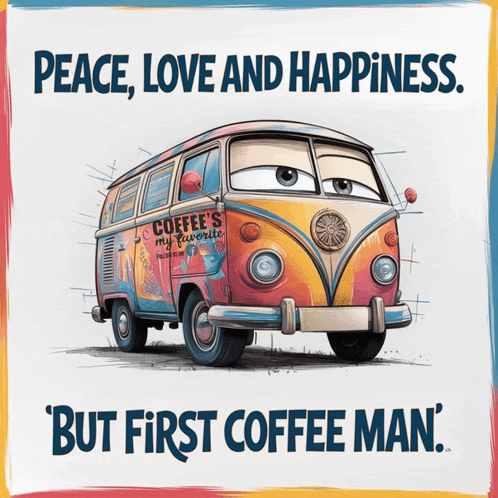 a poster with a hippie van that says peace love and happiness