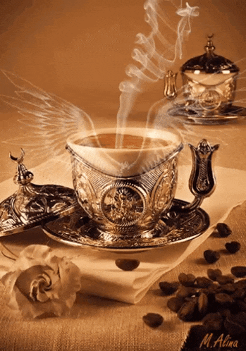 a cup of coffee on a saucer with smoke coming out of it and the name malina at the bottom