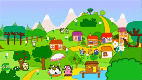 a cartoon drawing of a village with houses trees and mountains
