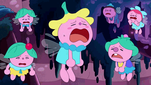 a group of cartoon characters are crying and one of them has a cherry on his head