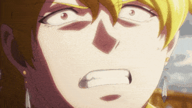 a close up of a yellow haired anime character making a face