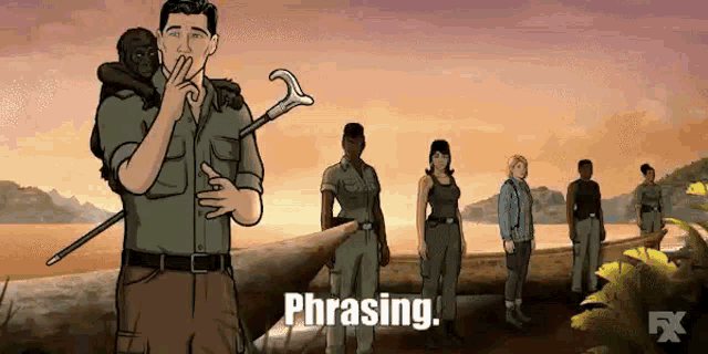 a cartoon of a man holding a monkey and a cane with the words phrasing written on the bottom .