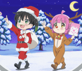 two little girls dressed in christmas costumes are walking in the snow