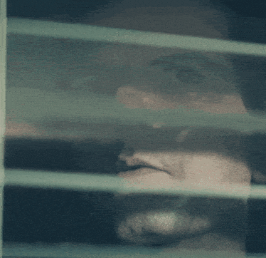 a close up of a man 's face behind blinds