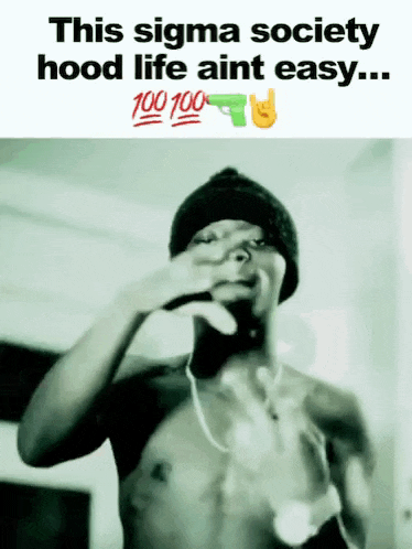a shirtless man making a hood life sign with a gun in the background