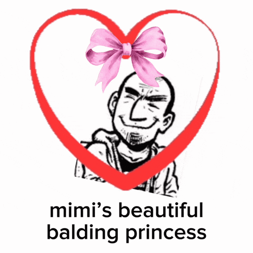 a drawing of a man with a pink bow and the words mimi 's beautiful balding princess on the bottom
