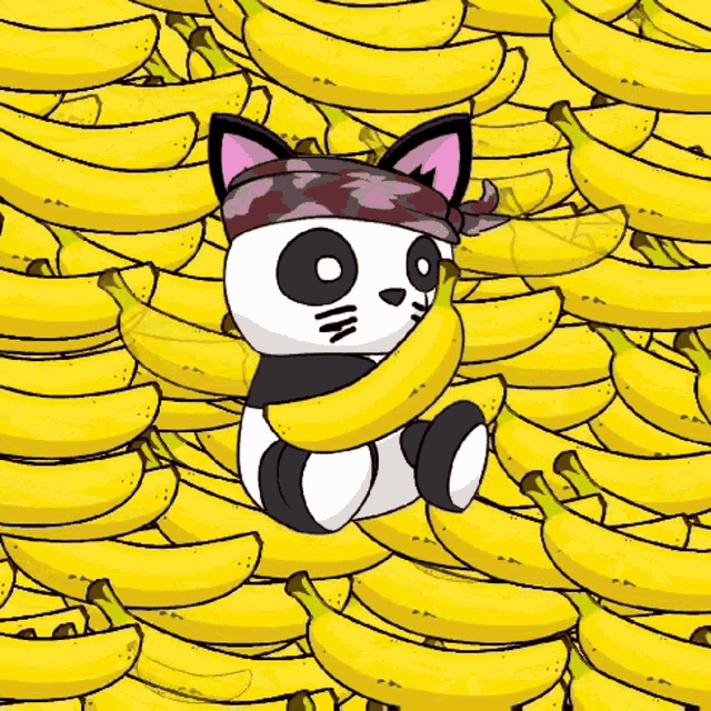 a panda wearing a bandana is wrapped in bananas