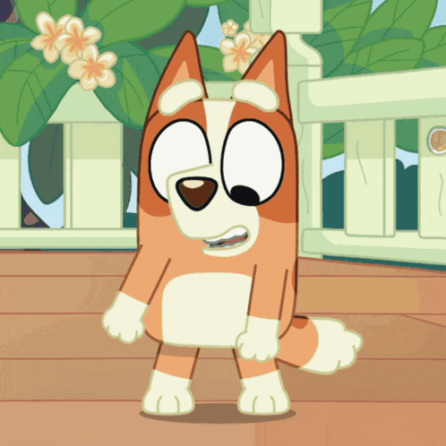 an orange and white cartoon dog standing on a wooden deck
