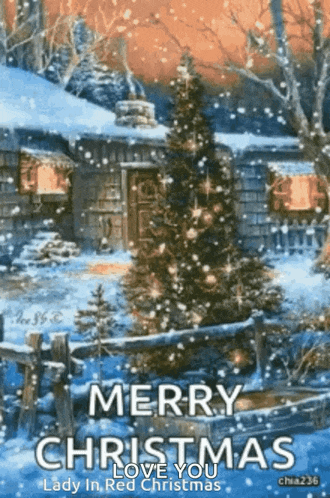 a merry christmas card with a christmas tree in the snow