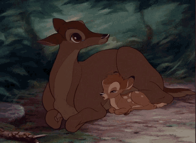 a cartoon of a deer laying down with a baby