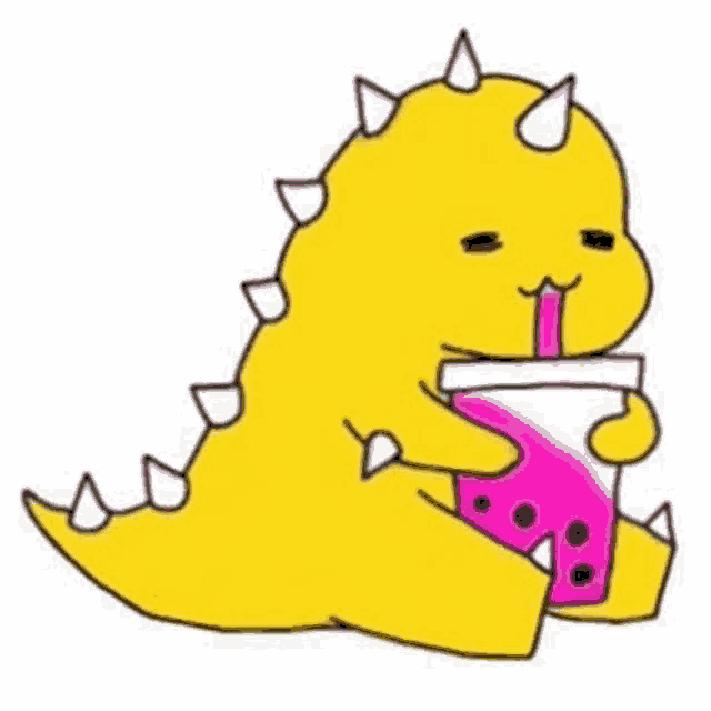a cartoon of a yellow dinosaur drinking a pink drink through a straw .