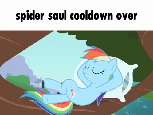 a picture of a rainbow dash sleeping with the words spider saul cooldown over