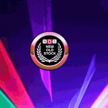 a button that says nos new old stock on a purple background