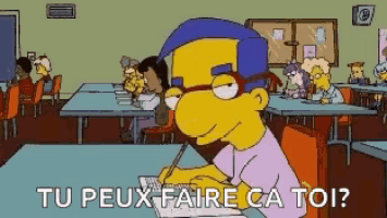 a cartoon character sitting at a table with the words tu peux faire ca toi written below him