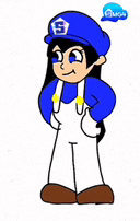 a cartoon character wearing a blue hat and overalls is standing on a white background .