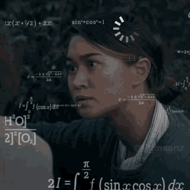 a woman is surrounded by math equations including one that says t = 2π