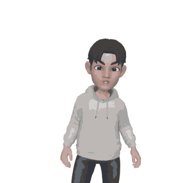a cartoon character wearing a white sweatshirt and blue jeans
