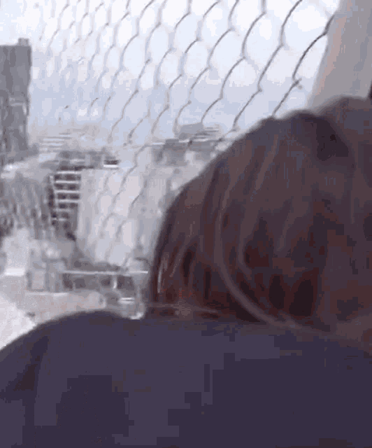 a woman is looking out a chain link fence at a city .