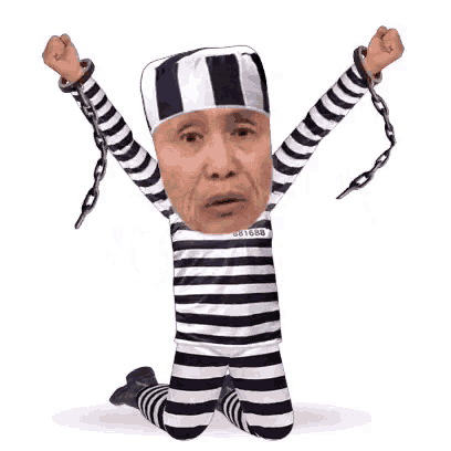 a man in a striped prison uniform has the number 681698 on his shirt