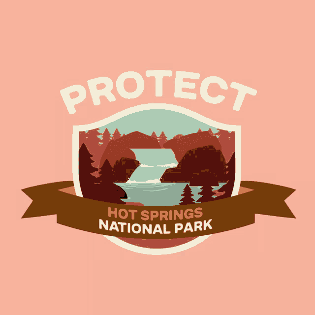 a logo for hot springs national park with a waterfall and trees
