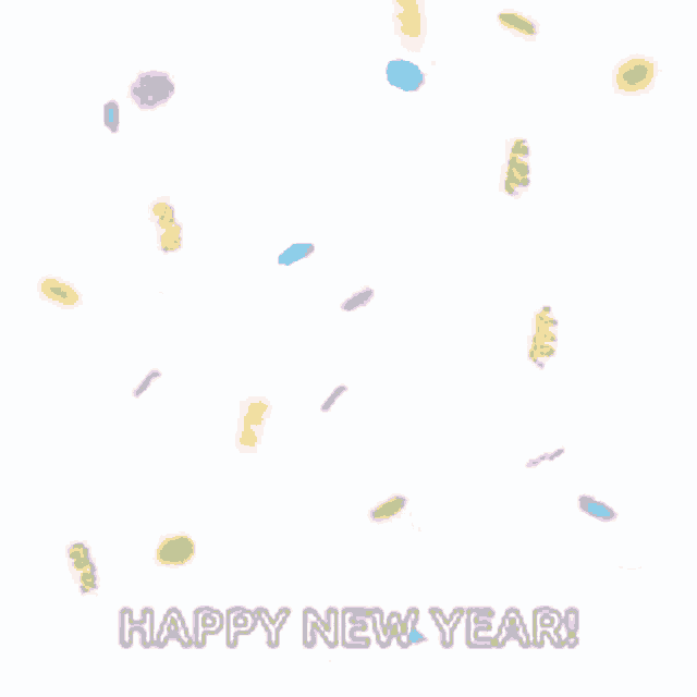 a happy new year greeting card with colorful confetti falling on a white background