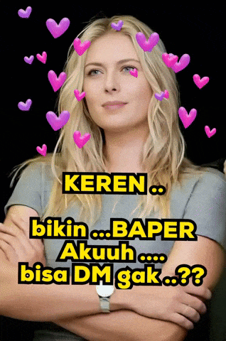 a woman with her arms crossed is surrounded by pink hearts and the words keren bikin baper akuuh bisa dm