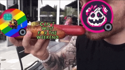 a man eating a hot dog with the words can t wait for the weekend