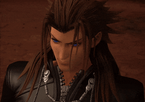a close up of a cartoon character with long hair and a necklace