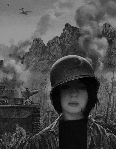 a black and white painting of a woman wearing a helmet with soldiers in the background
