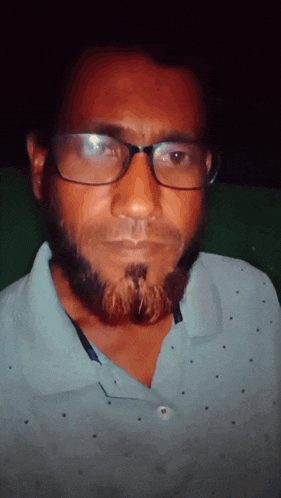 a man with a beard wearing glasses and a blue shirt