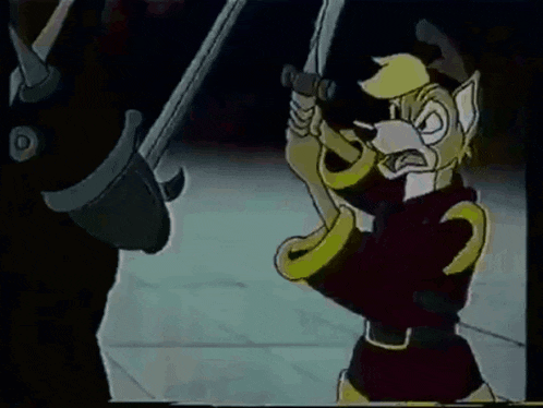 a cartoon of a fox holding a sword with the letter o on it