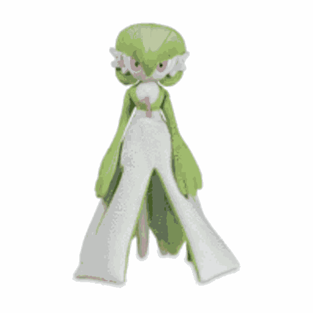 a green and white pokemon plush toy with a pink heart on its chest .