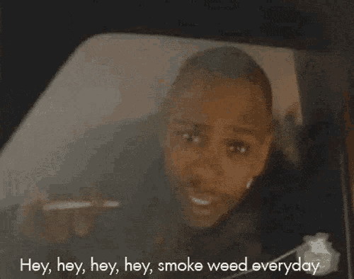 a woman smoking a cigarette in a car with the words hey hey hey hey smoke weed everyday below her
