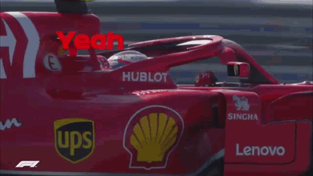 a picture of a race car with the words yeah thank you finally written on it