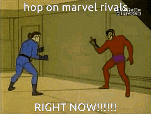 a cartoon of two superheros fighting with the caption hop on marvel rivals right now !!!