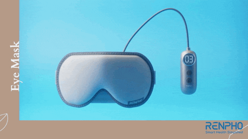 a renpho eye mask with a remote control on a blue background