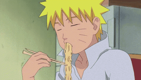 a cartoon character is eating noodles with chopsticks and the tv channel is visible in the background