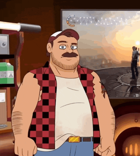 a man in a plaid shirt is standing in front of a screen that says ' a ' on it