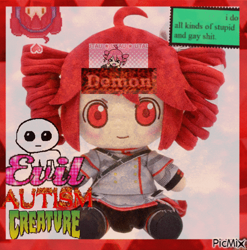 a stuffed doll with red hair and the words evil autism creature below it