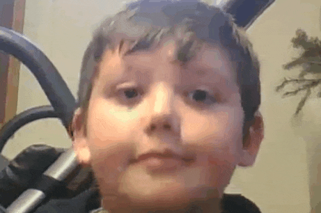 a young boy is sitting in a stroller looking at the camera .