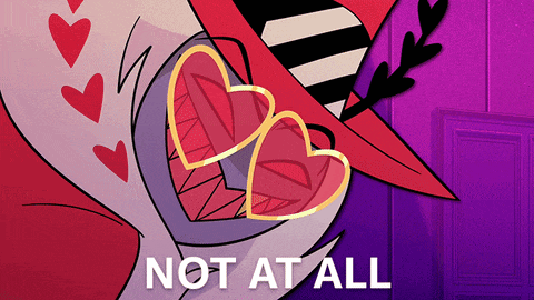 a cartoon character with hearts in his mouth and the words not at all below him