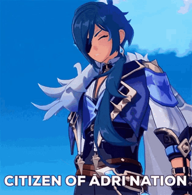 a blue haired anime character is standing in front of a blue sky with the words citizen of adri nation written on the bottom .